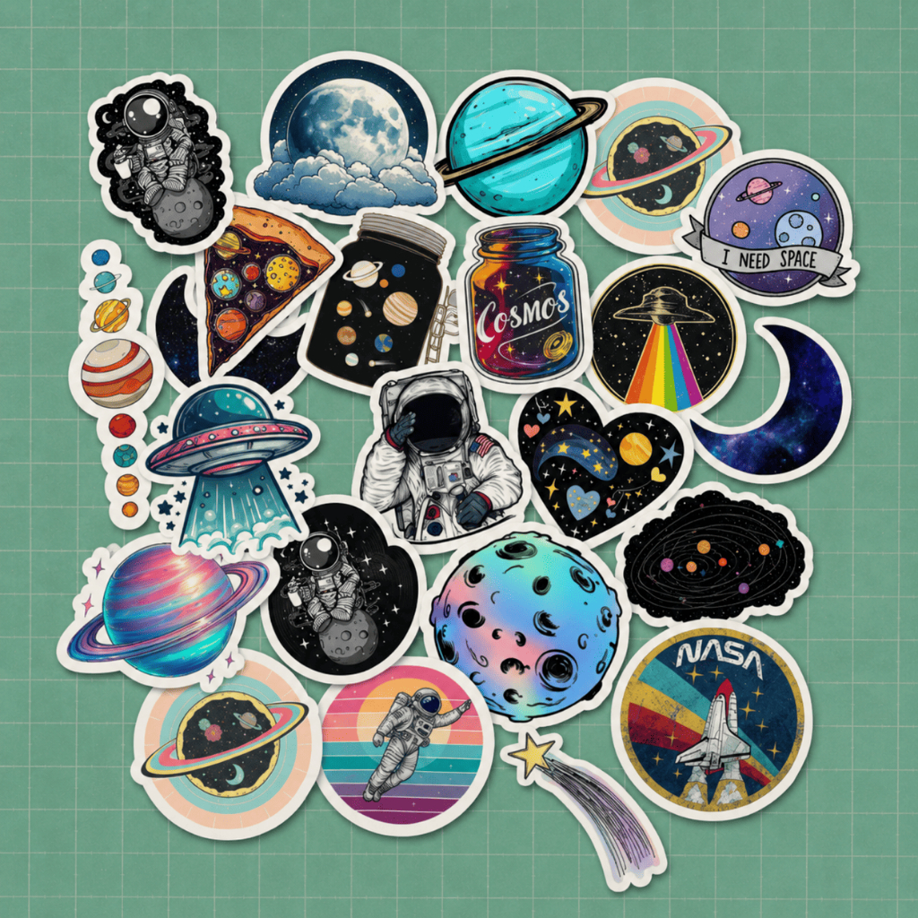 Kit 20 Adesivos Galáxia Espaço Astronauta Planetas NASA Stickers Vinil Impermeável Notebook Garrafa