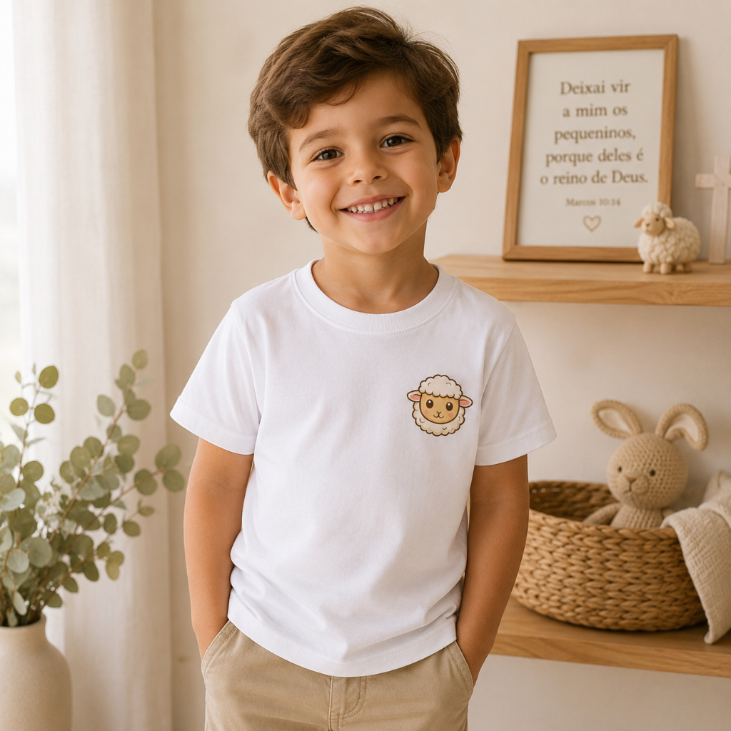 Camiseta Infantil Ovelinha de Jesus Fofa Confortável Algodão Tamanhos 2 ao 14