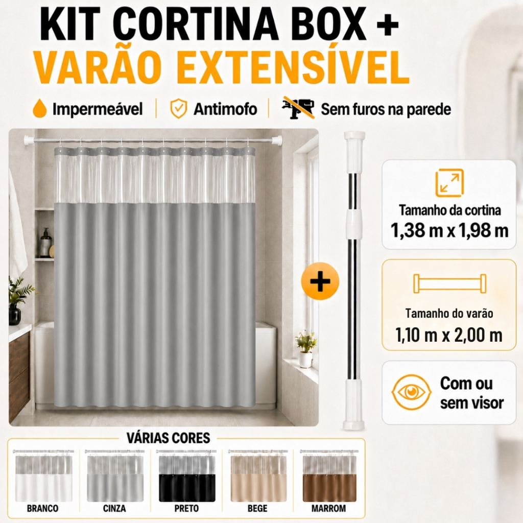 Cortina De Box Banheiro + Varão Extensivel 1,10x2,00 Tamanho Ideal Do Seu Box