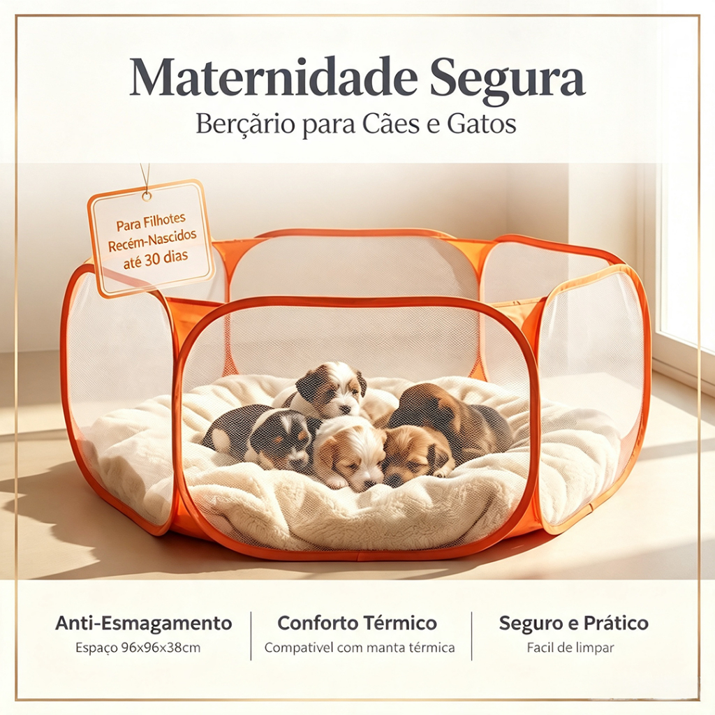 Dobrável e Portátil Berçário para Filhotes Cães e Gatos |  96x96x38cm | Maternidade Segura para Recém-Nascidos