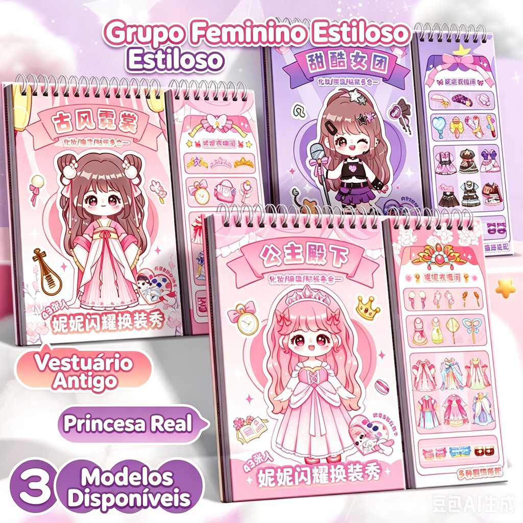 Caderno de Vestir Princesa Livro Moda Com Adesivos Personagens Desenho Animado Kit Maquiagem Brinquedo Infantil Menina