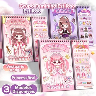 Caderno de Vestir Princesa Livro Moda Com Adesivos Personagens Desenho Animado Kit Maquiagem Brinquedo Infantil Menina