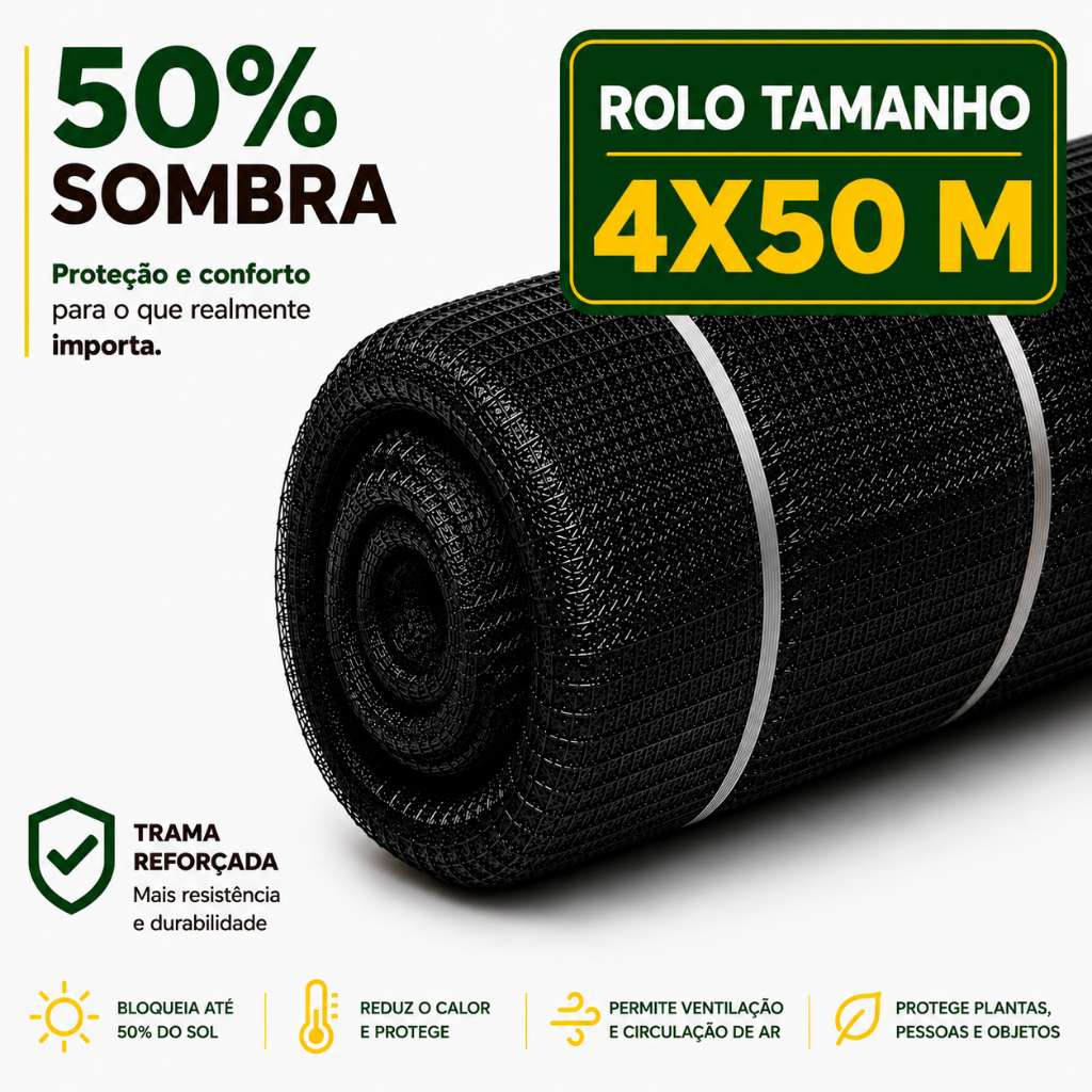 Tela Sombrite 50% Tamanho 4X50 Metros Sombreamento Horta Jardim Viveiro Mudas Flores Anti-UV