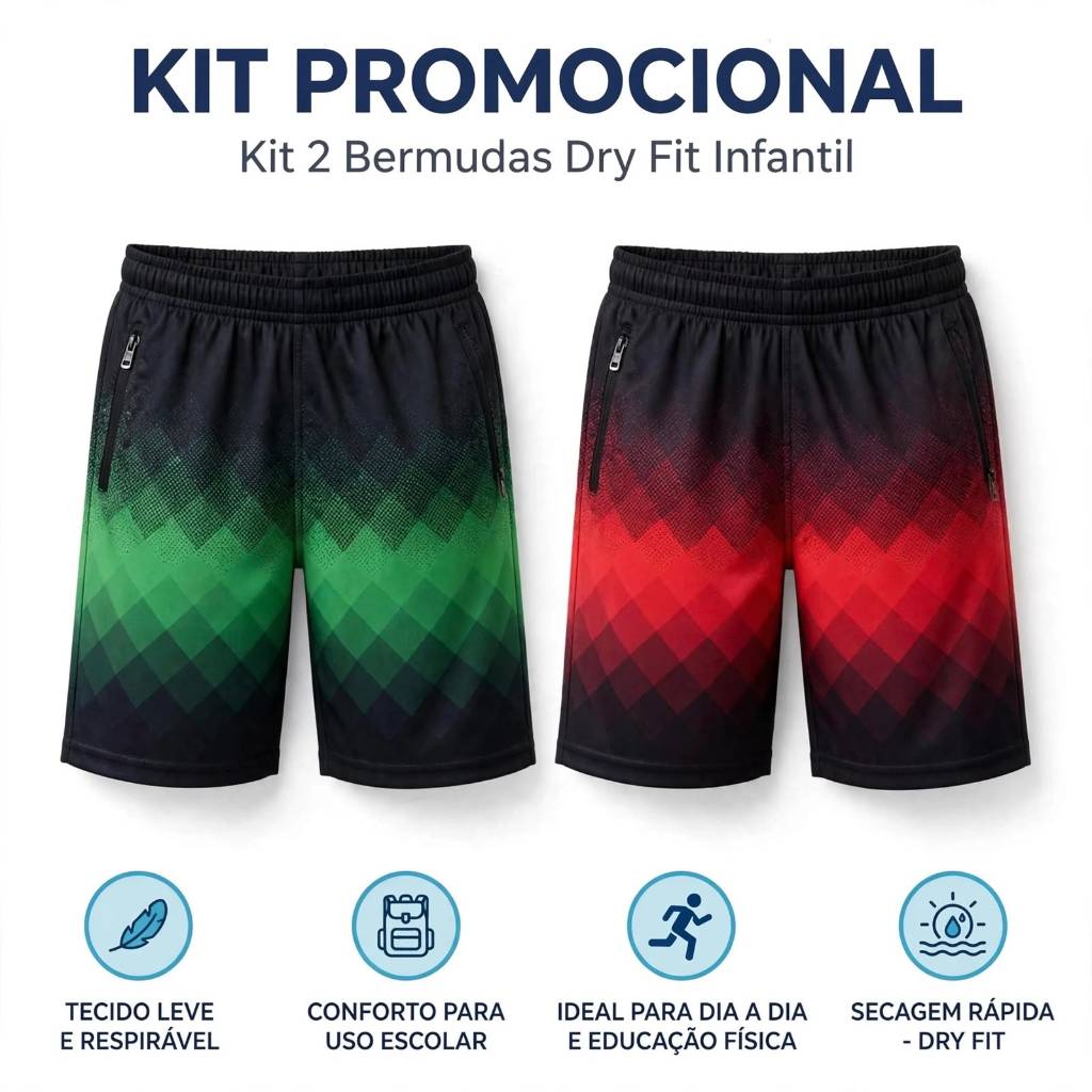 Kit 2 Bermudas Infantil Dry Fit Esportiva Estampada Tam 10 ao 16