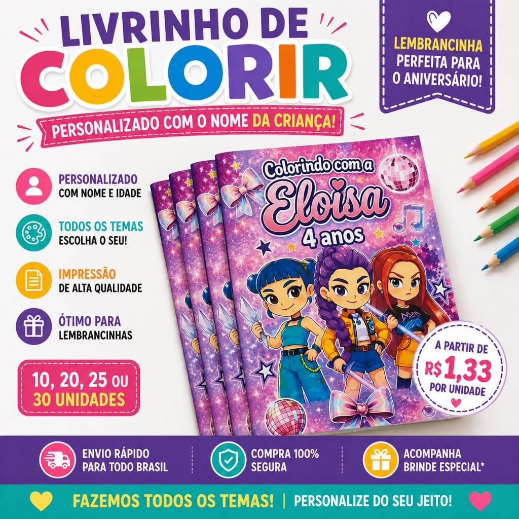 Kit 30 livrinhos de colorir HUNTRIX GUERREIRAS kpop personalizamos TODOS OS TEMAS