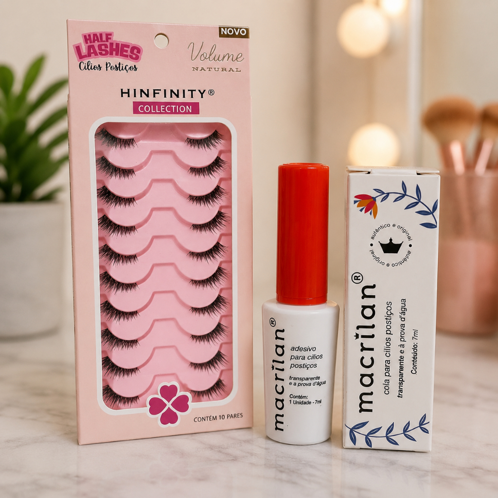 Kit 10 Pares de Cílios Postiços Gatinho Half Lash + Cola Para Cílios
