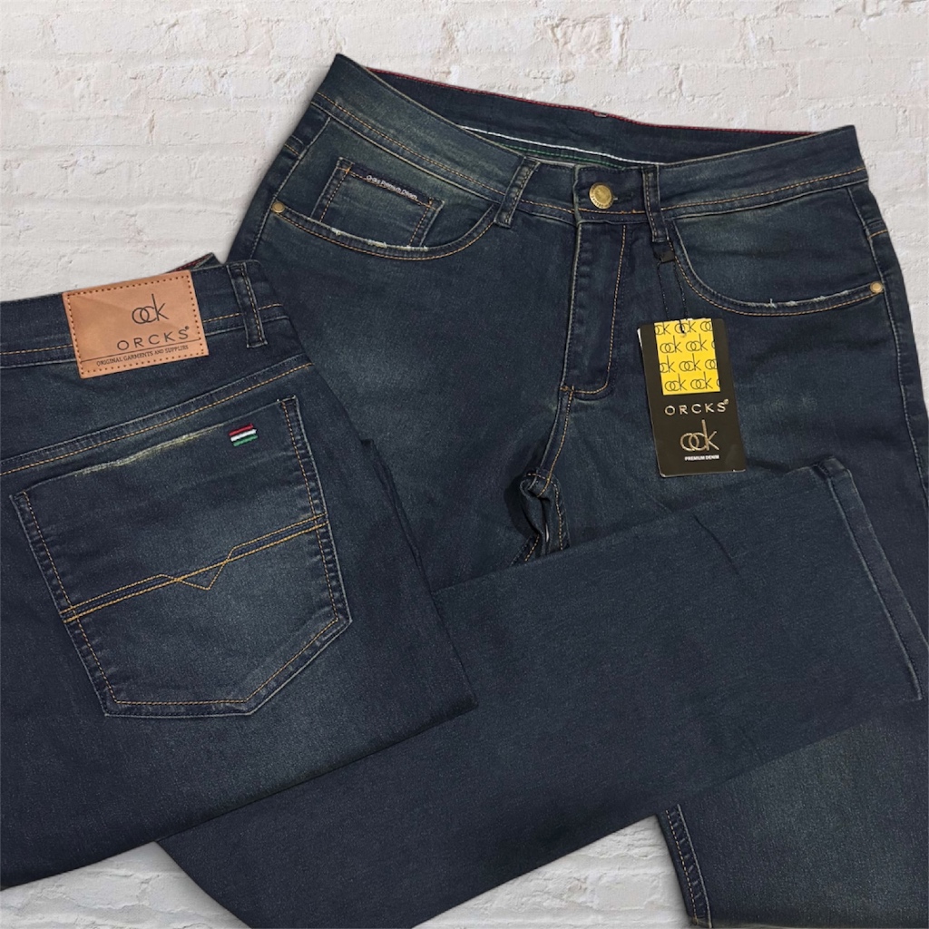 Calça jeans masculina escura lavagem tingida jeans premium com elastano casual