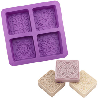 Forma de Silicone Sabonete 110g Formato Quadrado com Desenhos Texturas 4 cavidades Molde Silicone
