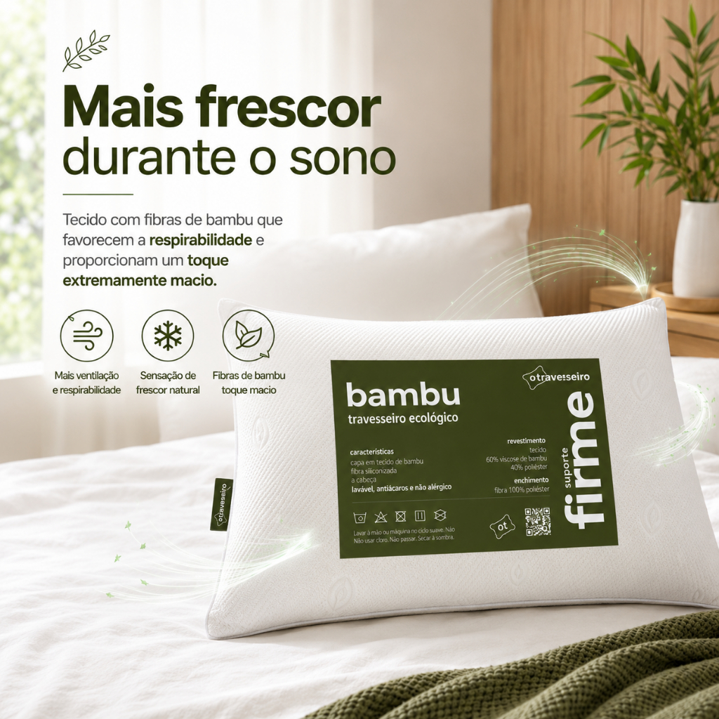 Travesseiro Antialérgico Firme Fibra de Bambu 50x70cm 100% Fibra Siliconada Toque Macio Lavavel