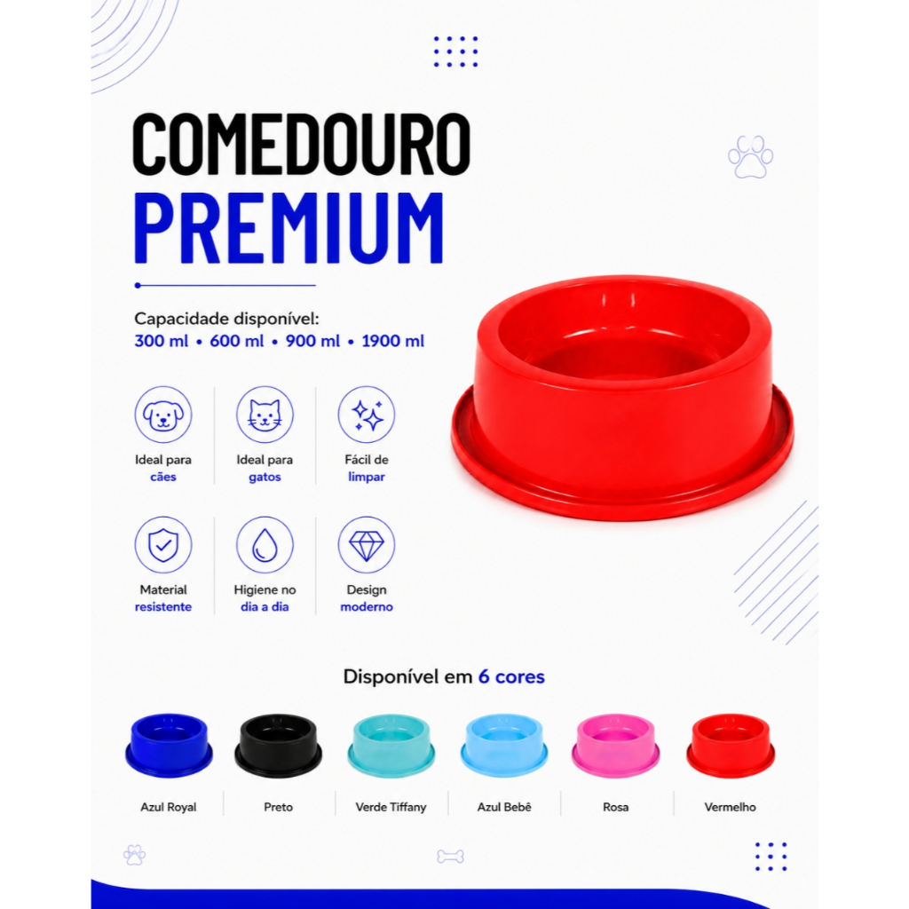 Comedouro Pet Premium Cães e Gatos Plástico Resistente 300ml 600ml 900ml 1900ml