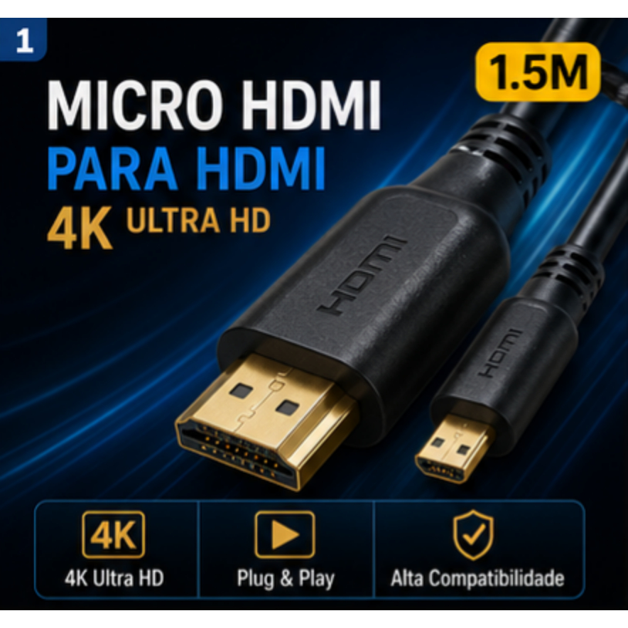 Cabo Micro HDMI para HDMI 2.0 4K Ultra HD 1.5m Compatível Câmera Tablet Monitor TV