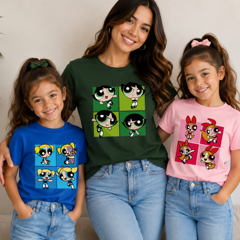 CAMISETA INFANTIL ADULTA MAE E FILHA SUPERPODEROSAS LINDINHA FLORZINHA DOCINHO DELICADA PERSONAGENS CONFORTAVEL FEMININA