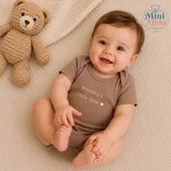 Body Infantil Bebê Menino Marrom Mommy´s Little Love Manga Curta 100% Algodão, roupa de bebe confortável