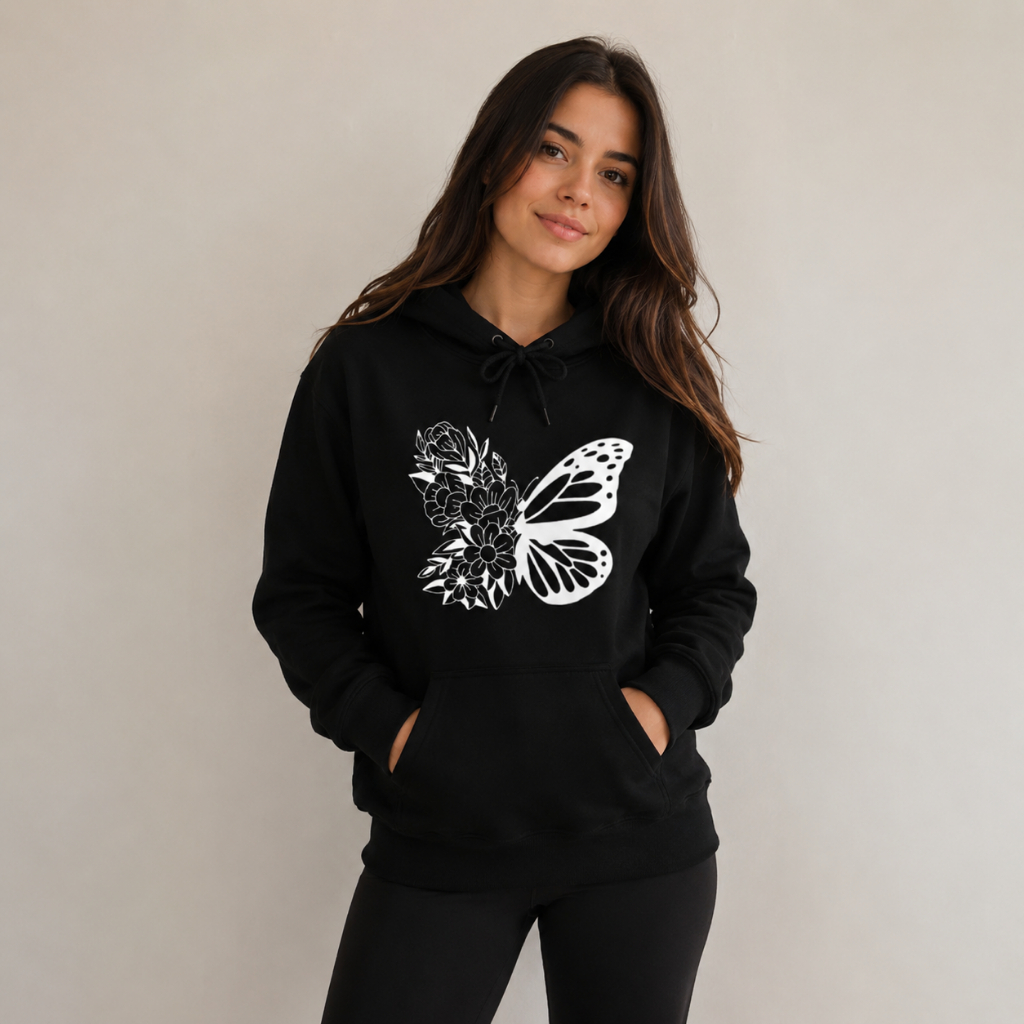 Blusa de Frio Moletom Feminino Borboleta Floral Flanelado Com Capuz Estampado Inverno Grosso Premium Confortável