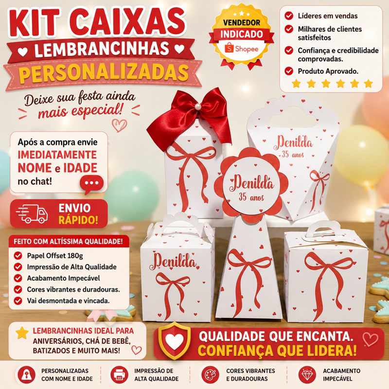 Kit 50 Lembrancinha Laço Vermelho Caixinhas Personalizado Aniversário Festa Infantil Pegue e Monte