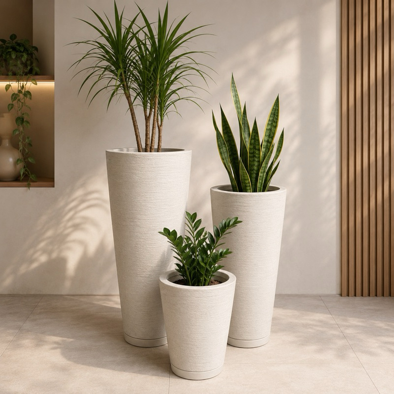 Kit 3 Vasos Decorativos Premium alto para Sala Jardim Varanda com Prato Coletor