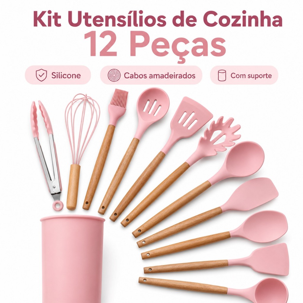 Kit de Utensílios Cozinha Silicone 12 Peças Cabo Madeira Resistente ao Calor Antiaderente Livre de BPA Premium