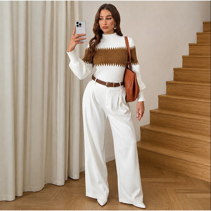 Blusa Modal Feminina Manga Longa Bicolor Tricô Canelado Inverno Elegante Confortável