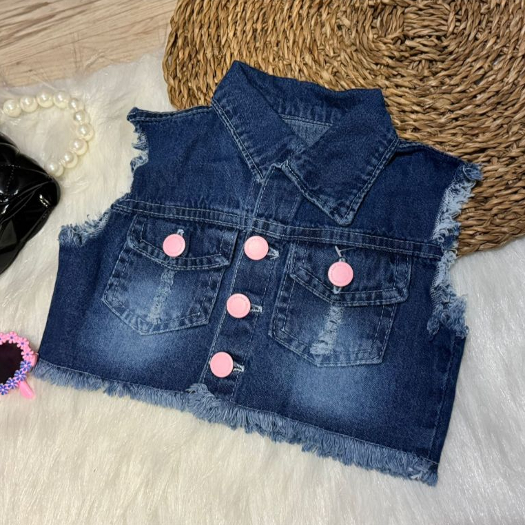 Colete Jeans Rasgadinho Molinho Meninas com Botões Rosa 01 a 03 anos