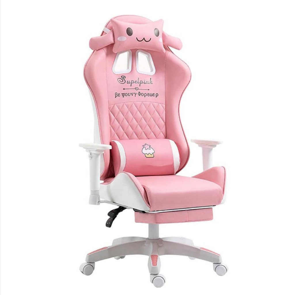 Cadeira Gamer Ergonômica Rosa e Branca com Almofadas de Suporte