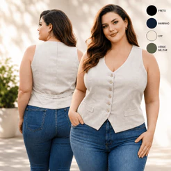 Colete Feminino Linho Alfaiataria Social Plus Size Midsize Forrado Estilo Regata Curto Elegante