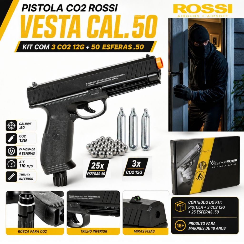 Pistola Paintball CO2 Rossi Vesta .50 10,5J + 3 CO2 + 25 Esferas