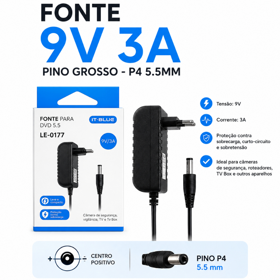 Fonte Alimentação 9V 3A para DVD Receptor Câmera Pino Grosso P4 5.5mm Bivolt
