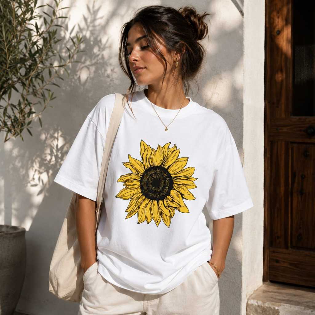 Camiseta Feminina Oversized Estampada Girassol Delicada Linha Premium 100% Algodão Confortável Academia