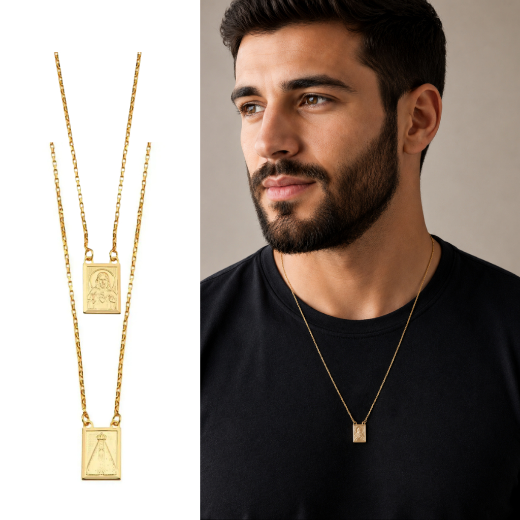 Escapulário Masculino Nossa Senhora Aparecida Sagrado Coração Banhado à Ouro 18k