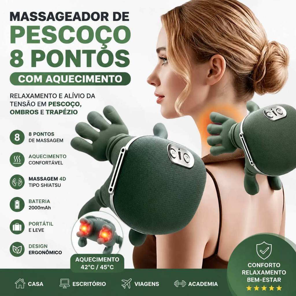 Massageador Pescoço 8 Pontos Aquecimento Relaxamento Tensão Ombro Massagem Alívio Mãos Muscular