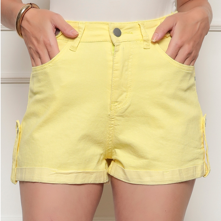 ONLYONE - SHORT FEMININO SARJA CÓS ALTO BARRA DOBRADA MODELAGEM CONFORTÁVEL - SHORTS MODERNO VERSÁTIL CARNAVAL