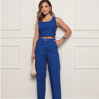 CONJUNTO FEMININO ELEGANTE CROPPED REGATA CALÇA PANTALONA SOCIAL LINHO CONJUNTOS FEMININA ELEGANTES