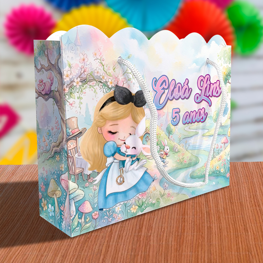 Sacolinha Alice no País das Maravilhas Ondulada Personalizada Kit Lembrancinha Kit Festa Sacola Princesa Princesas