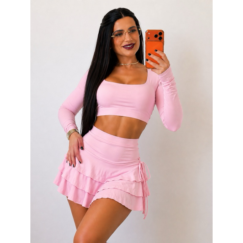Conjunto 2 peças short saia e cropped manga longa festa feminino