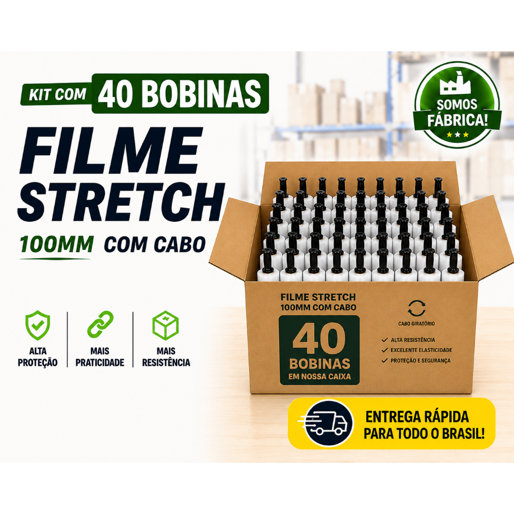 40 Rolos Filme Stretch C/ Cabo Aplicador (10cm) 100 Metros cada bobina - Ecommerce/Marcenaria/Móveis