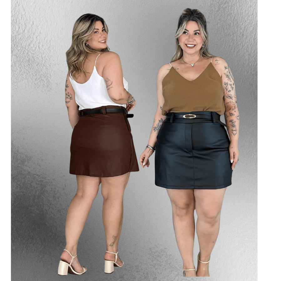 Short Saia Couro Saia Frente e Atrás Sintetico Moda Gringa Balada Ziper Lateral e Cinto