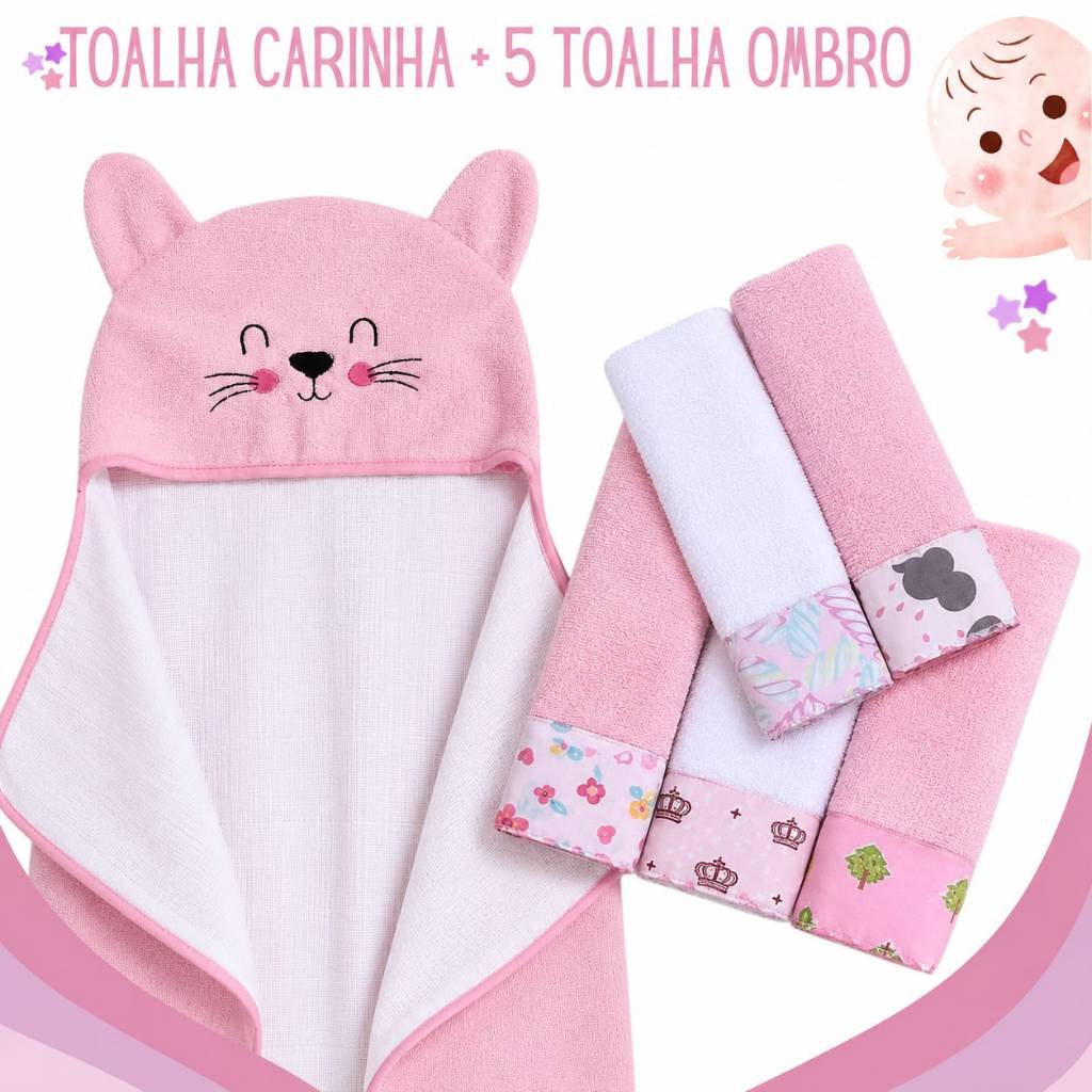 Kit Banho Bebê 6 Peças 1 Toalha Carinha Bordada E 5 Toalhinhas Ombro Overlocadas