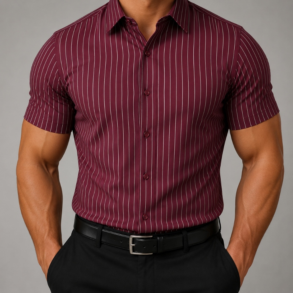 Camisa Social Listrada Manga Curta Confortável Tecido Leve Premium