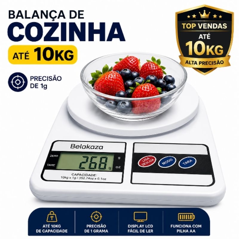 Balança Digital Cozinha 10kg Alta Precisão LCD | Dieta Fitness e Receitas