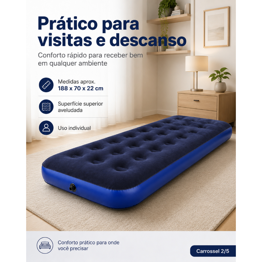 Colchão Inflável Solteiro Camping Casa Umbrella + Kit Reparo Azul · foto 2
