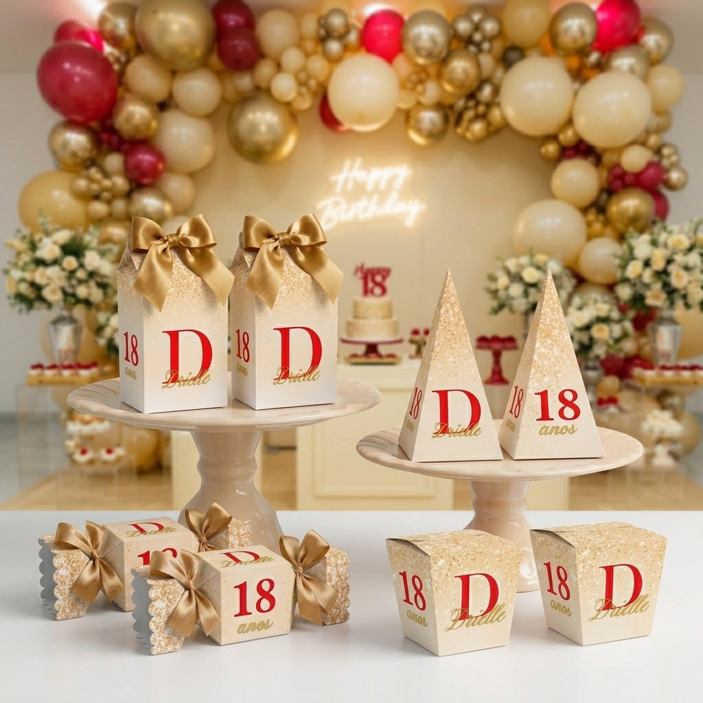 Kit Pegue Monte Personalizados Glitter Dourado e Vermelho 20 a 60 Caixinhas Lembrancinha Aniversário