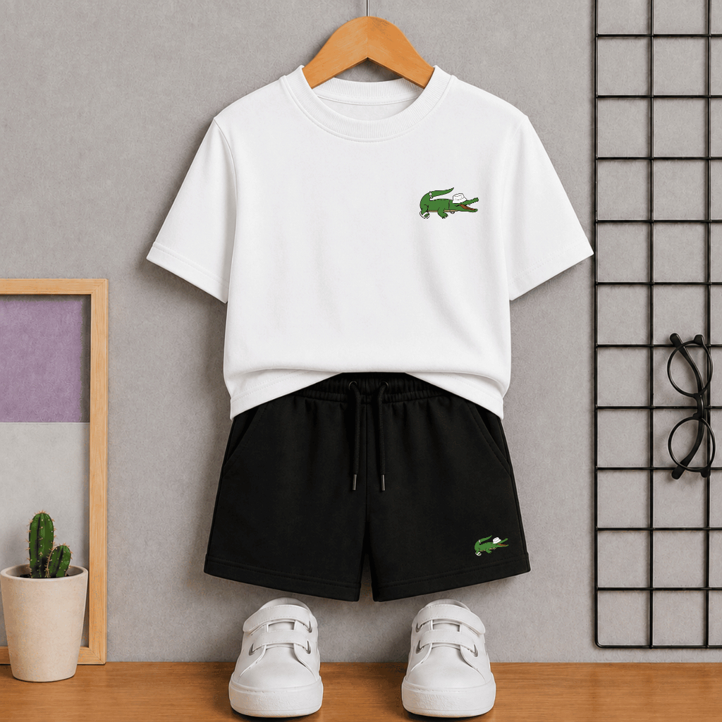 Conjunto Masculino menino Estiloso Jacaré Verde Crocodilo Estampado Bermuda e Camiseta 2 ao 16