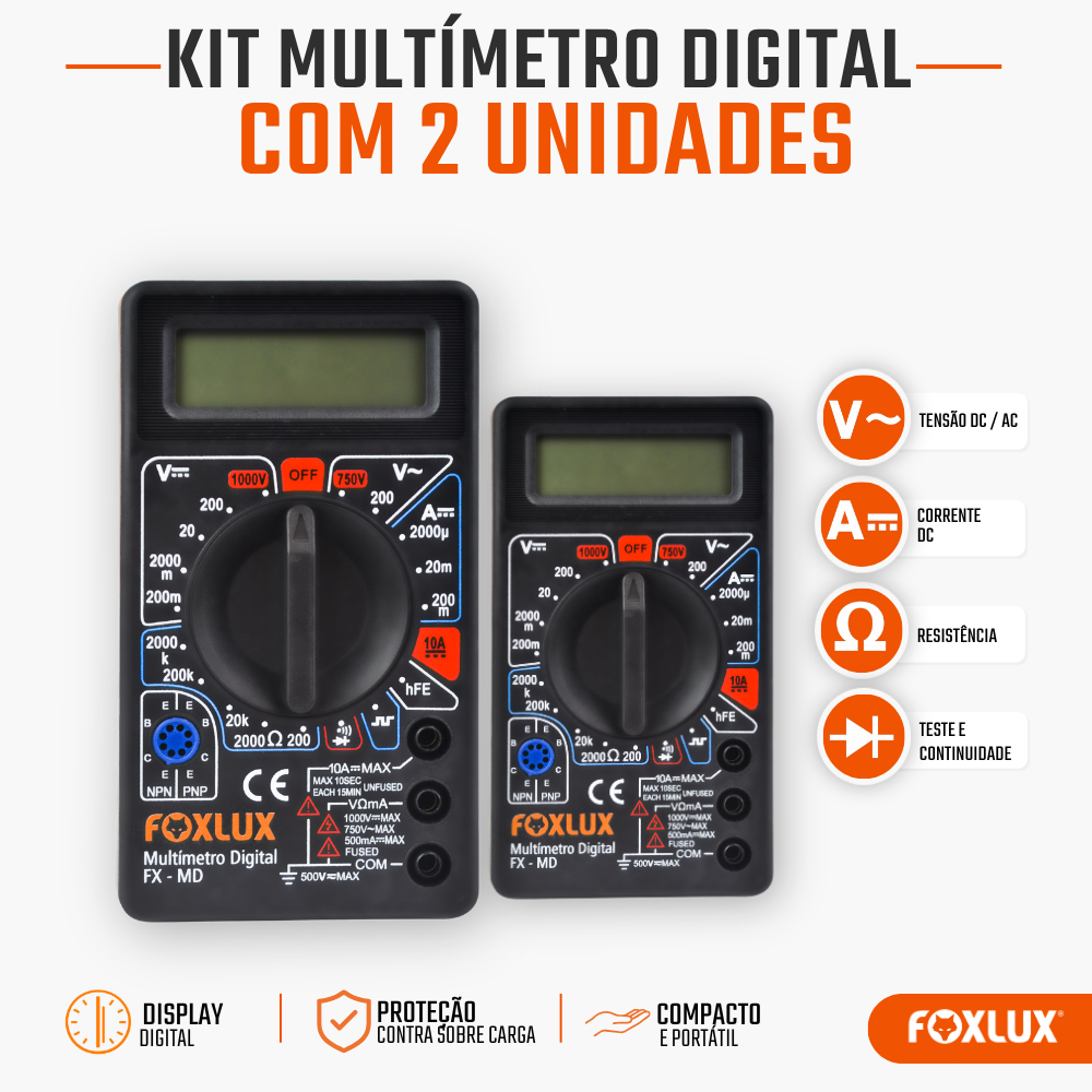 Kit 2 Multímetro Digital Foxlux com Teste de Continuidade Bipe