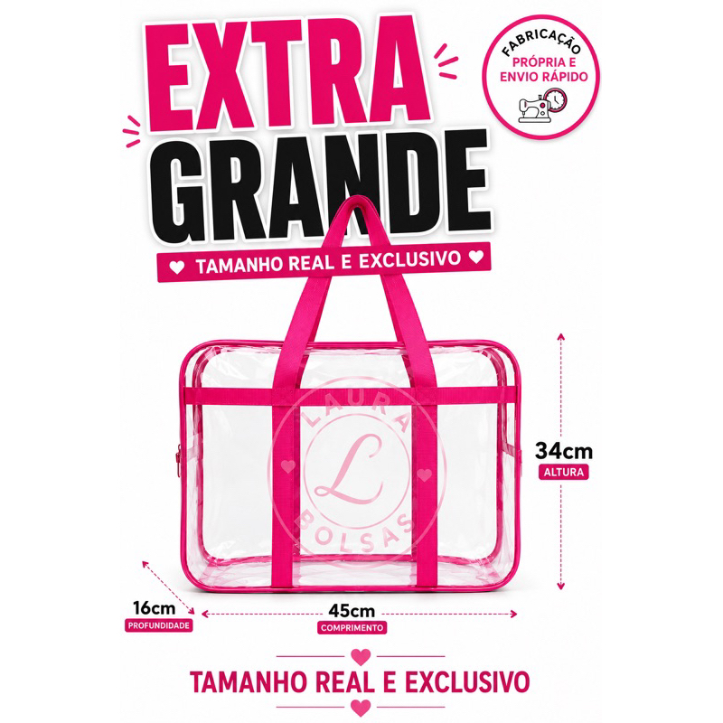 Sacola Bolsa Jumbo Multiuso Cristal PVC 0,20mm com reforço EXTRA Alças de Nylon - Maternidade Praia Uso institucional