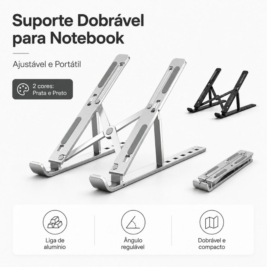 Suporte para Notebook Dobrável de Alumínio, 6 Alturas Ajustáveis, Antiderrapante,Portátil com Estojo