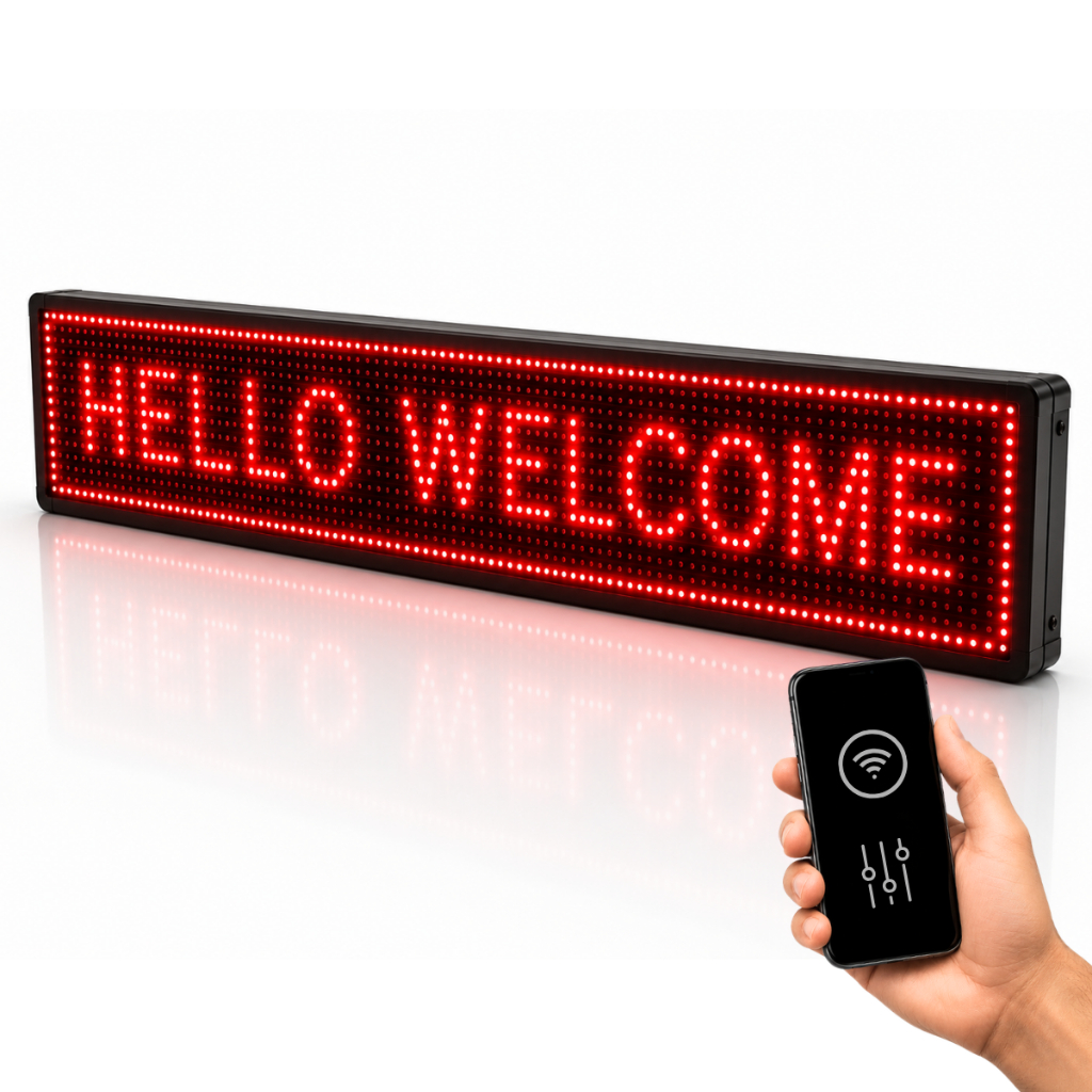 Painel de Led Letreiro 100cmx20cm Vermelho P10 Bivolt Wifi/App 110v/220v Indoor/Interno Colorido Luminoso