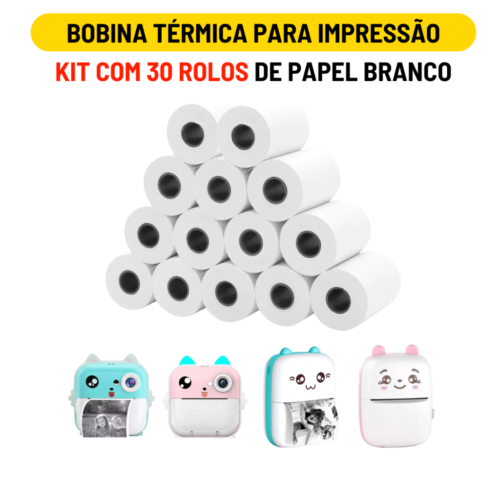 Kit 30 Bobina Rolo De Papel Térmico Branco Refil Para Mini Impressora Portátil e Câmera Instantânea
