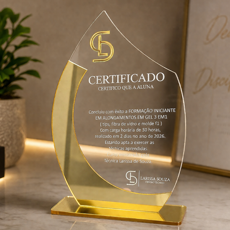 Certificado em Acrílico Personalizado com Logo Nail Designer Lash Cabeleireira Estética Trofeu