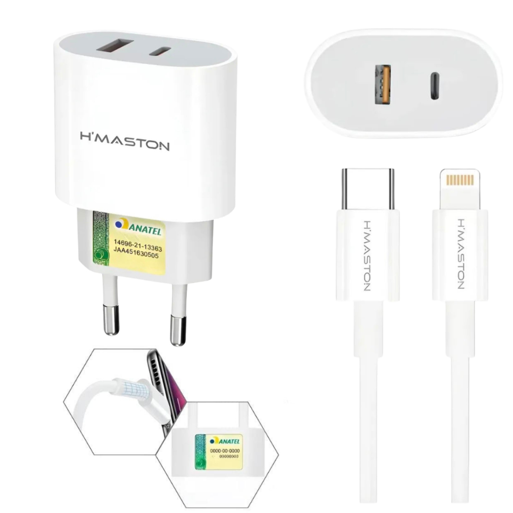 Carregador Turbo 50W H'Maston Original USB + USB-C Lightning para iPhone 11 12 13 14 Pro Max