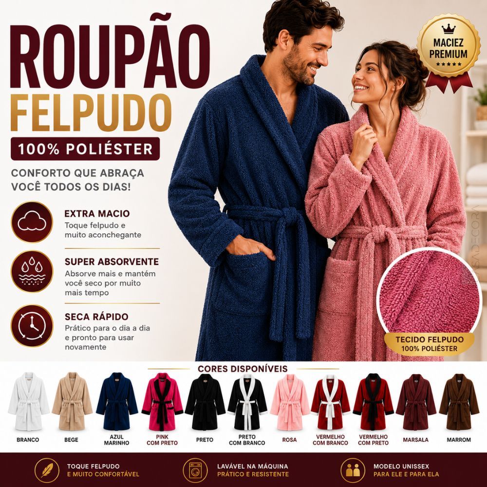 Roupão Felpudo Atoalhado Unissex Adulto Padrão Macio Pós Banho Com Bolso Confortável Luxo Premium